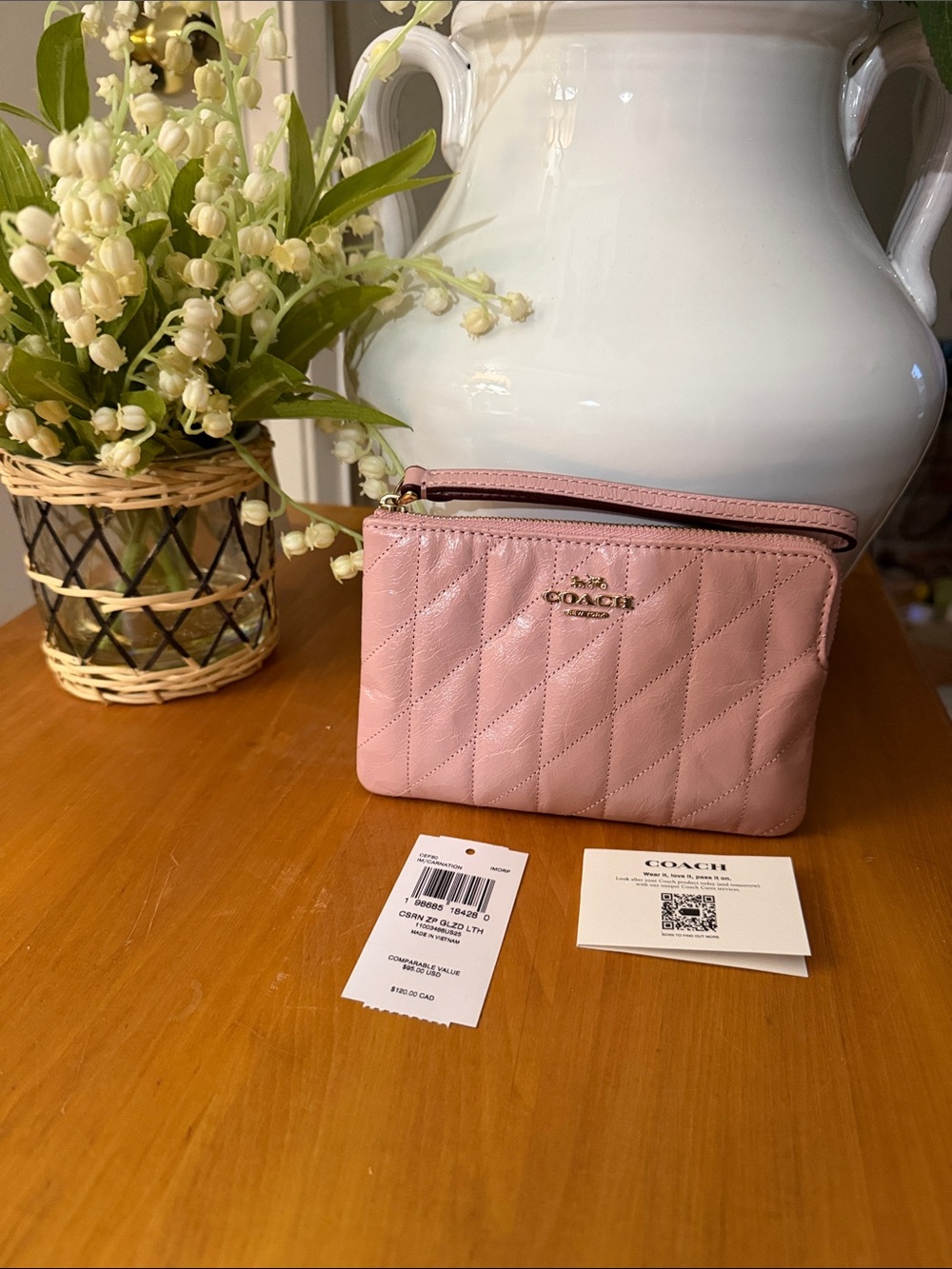 Coach Quilted Wristlet in Light Pink with Gold Hardware